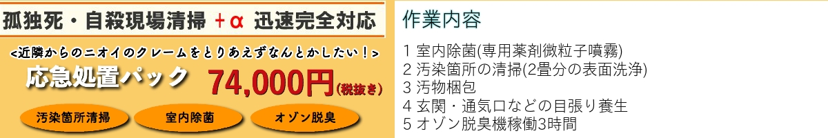 孤独死 自殺 作業内容 室内除菌 体液汚染箇所清掃 汚物梱包 目張り養生 オゾン脱臭機